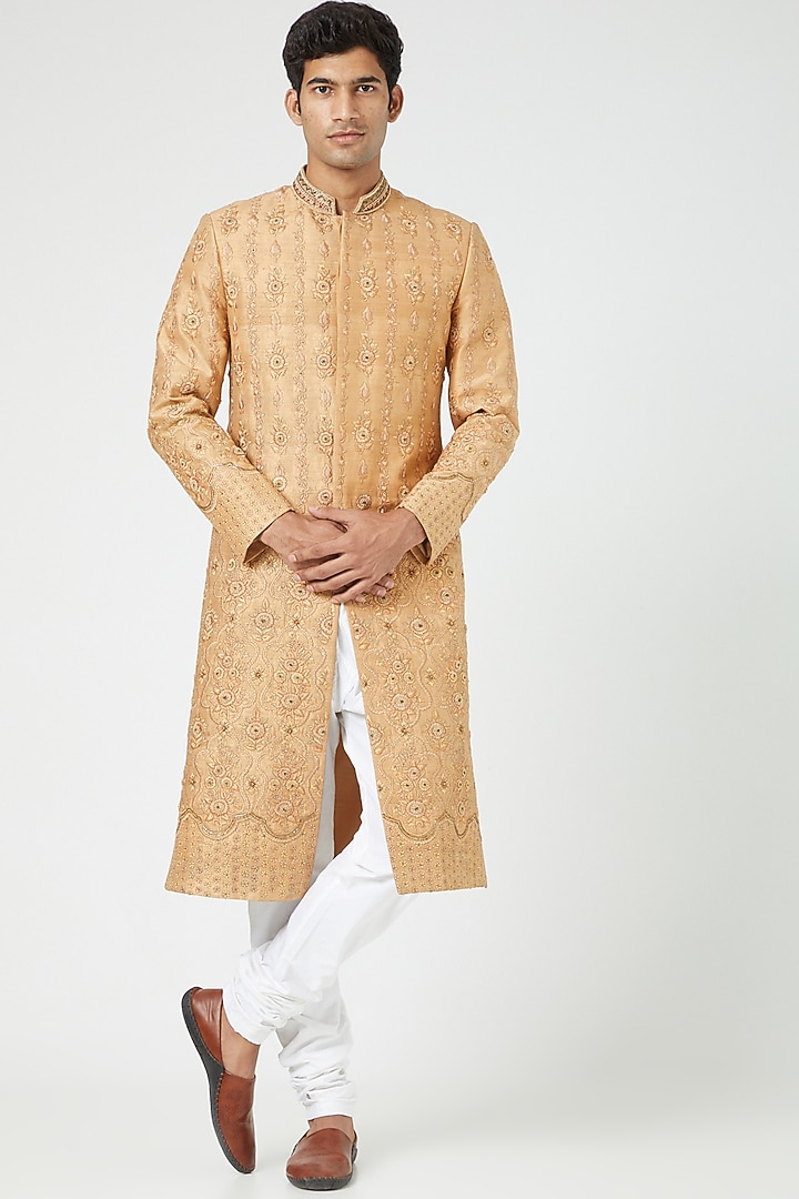 Mustard Raw Silk Embroidered Groom Sherwani Set by Soniya G Men at Pernia's Pop Up Shop