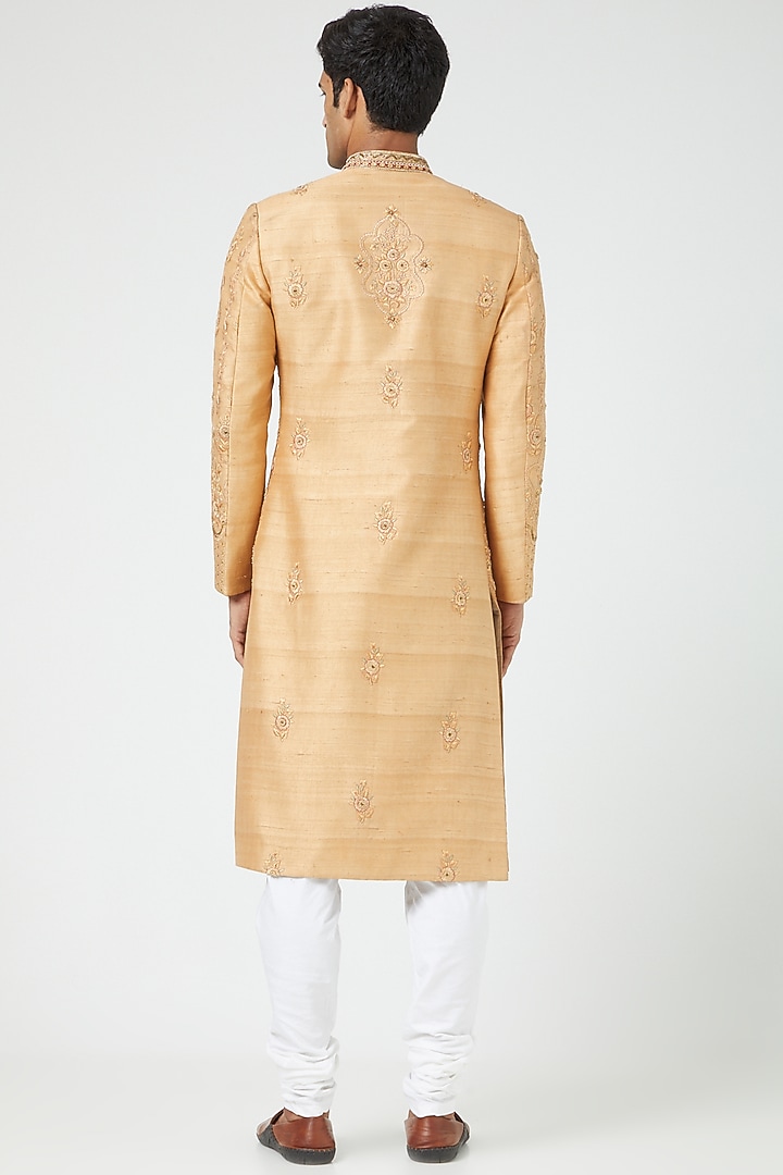 Mustard Raw Silk Embroidered Groom Sherwani Set by Soniya G Men at Pernia's Pop Up Shop