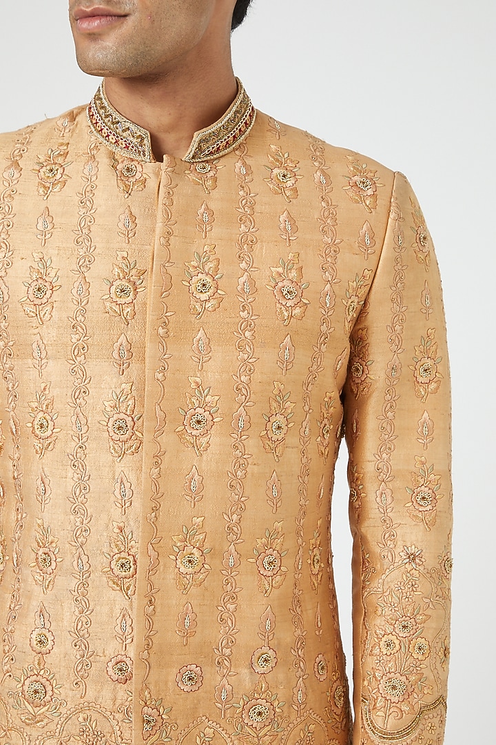 Mustard Raw Silk Embroidered Groom Sherwani Set by Soniya G Men at Pernia's Pop Up Shop