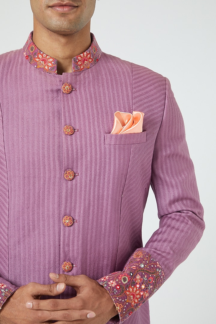 Lilac Silk Blend Embroidered Groom Sherwani Set by Soniya G Men at Pernia's Pop Up Shop