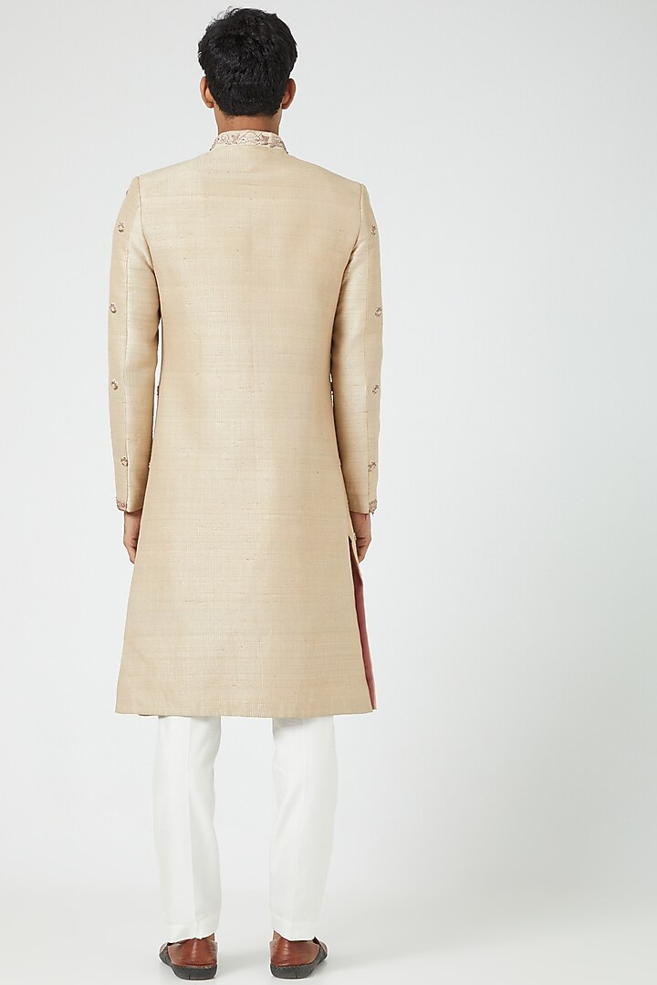 Beige Silk Blend Embroidered Groom Sherwani Set by Soniya G Men at Pernia's Pop Up Shop