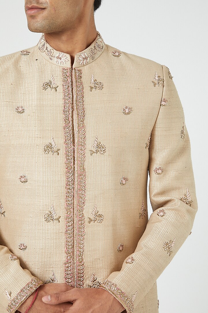 Beige Silk Blend Embroidered Groom Sherwani Set by Soniya G Men at Pernia's Pop Up Shop
