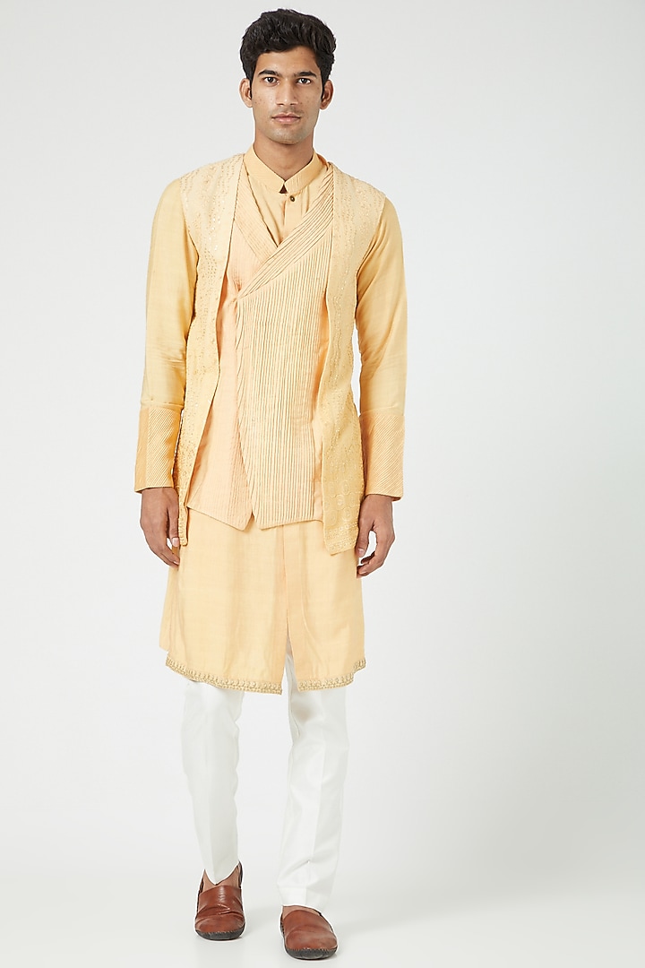 Mustard Silk Jacket With Kurta Set by Soniya G Men at Pernia's Pop Up Shop