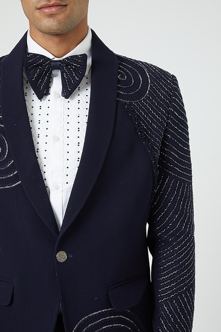 Navy Blue Embroidered Tuxedo Set by Soniya G Men at Pernia's Pop Up Shop