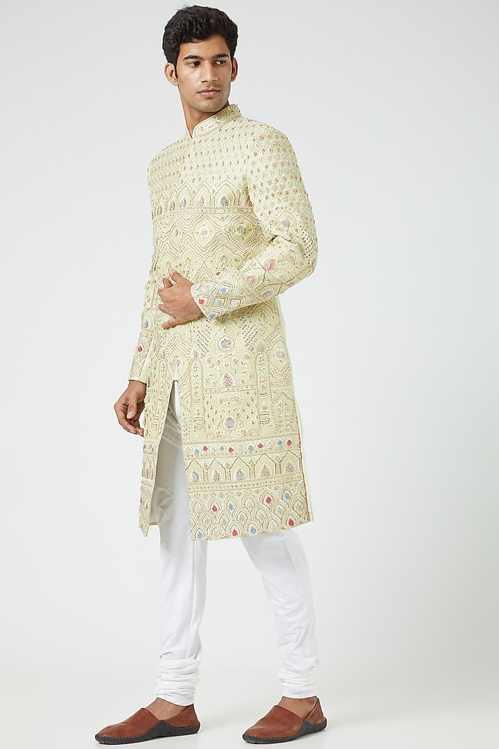 Mint Green Silk Blend Embroidered Groom Sherwani Set by Soniya G Men at Pernia's Pop Up Shop
