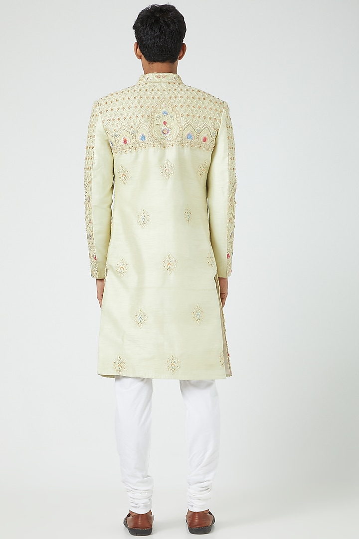Mint Green Silk Blend Embroidered Groom Sherwani Set by Soniya G Men at Pernia's Pop Up Shop