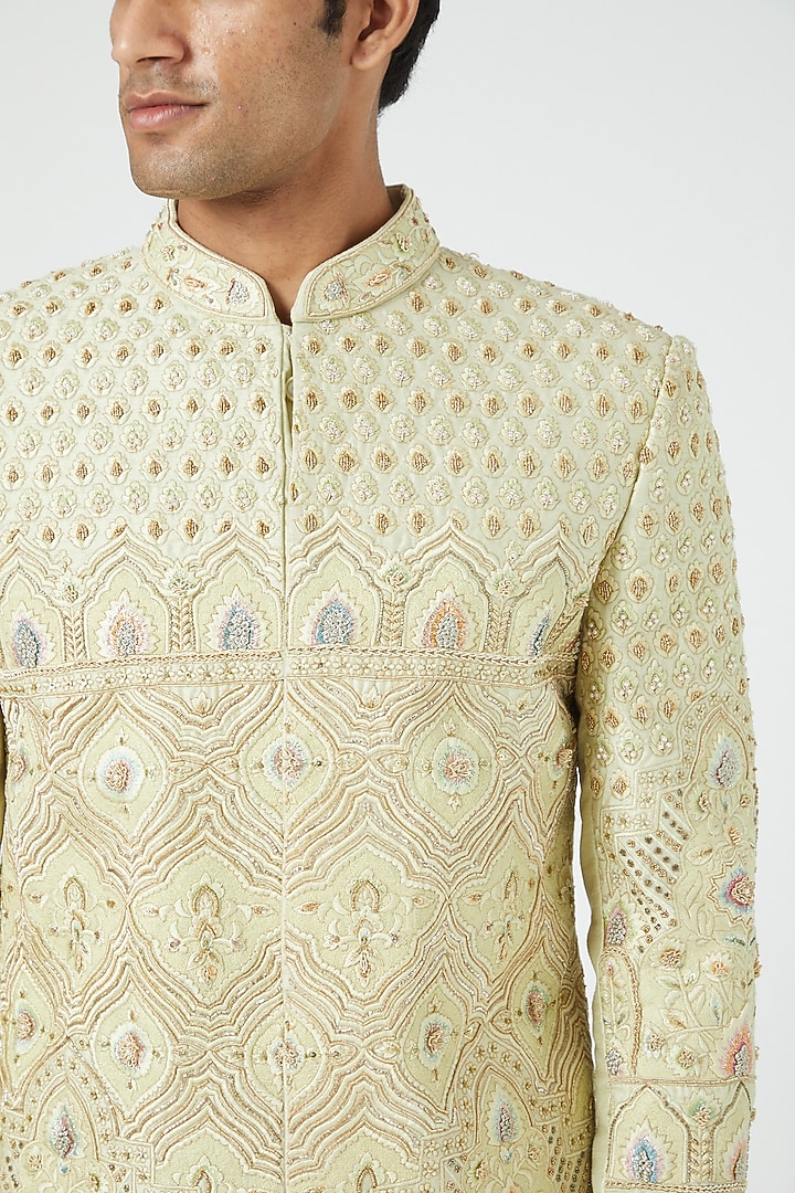 Mint Green Silk Blend Embroidered Groom Sherwani Set by Soniya G Men at Pernia's Pop Up Shop