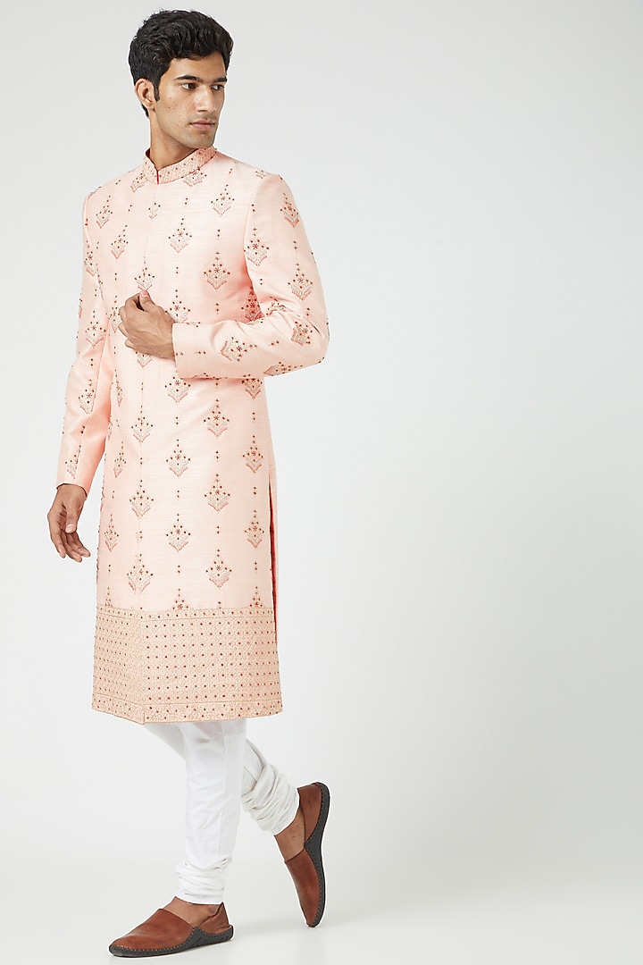 Blush Pink Embroidered Wedding Sherwani Set by Soniya G Men at Pernia's Pop Up Shop