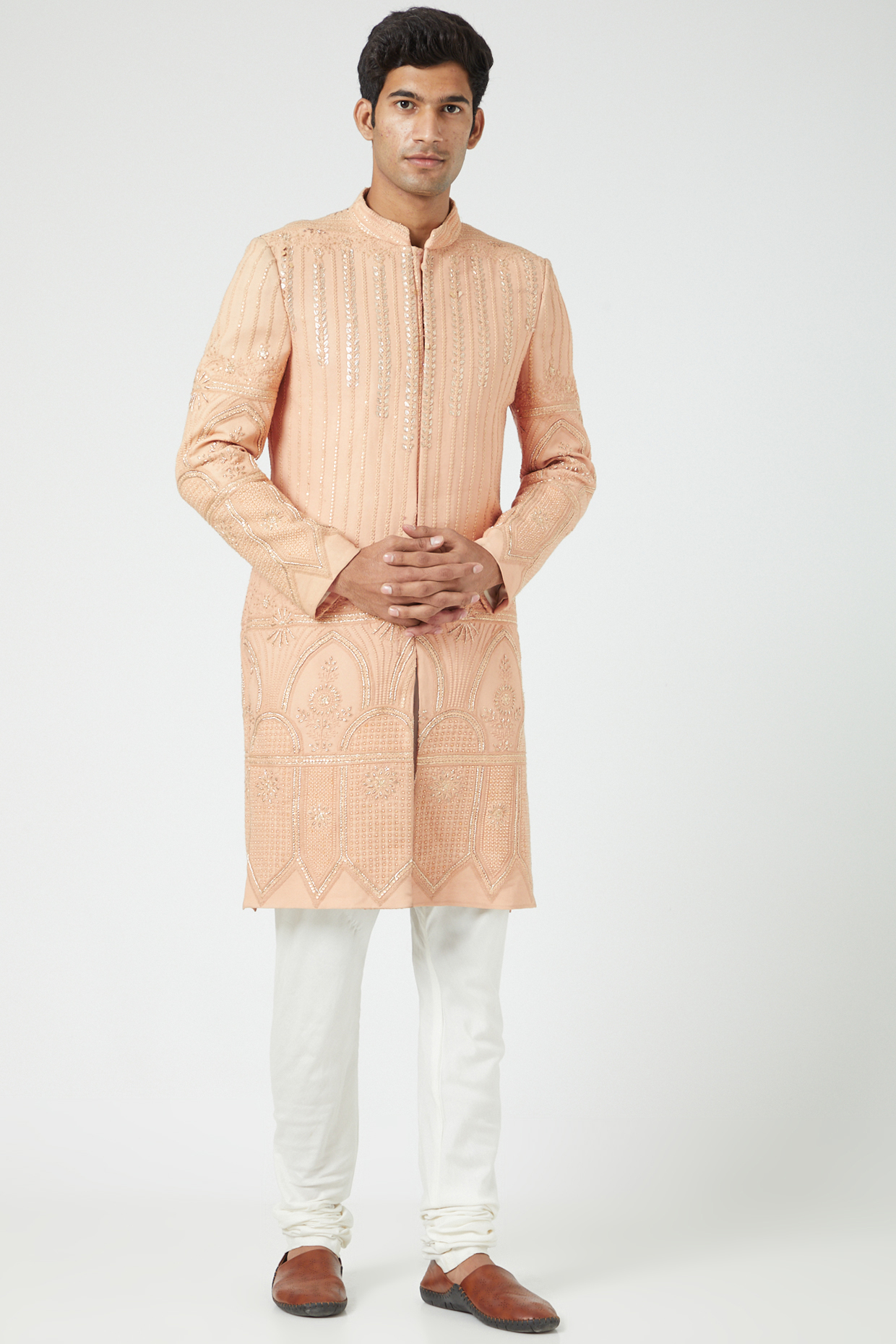 Peach Embroidered Sherwani Set by Soniya G Men