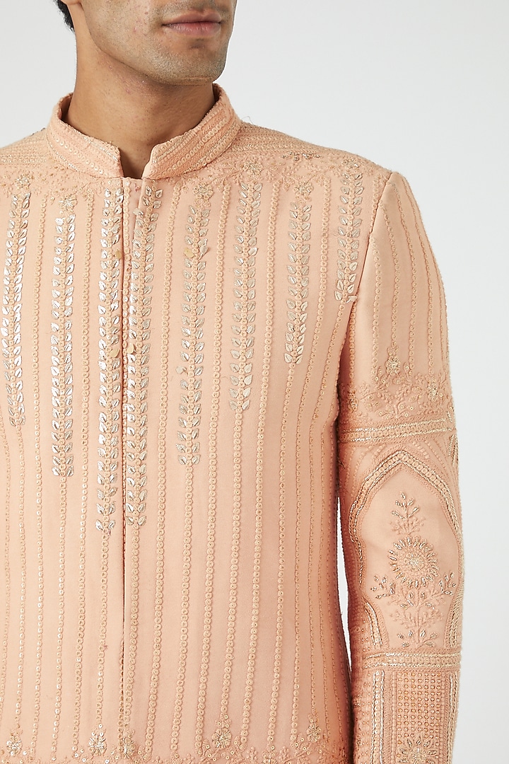 Peach Embroidered Groom Sherwani Set by Soniya G Men at Pernia's Pop Up Shop