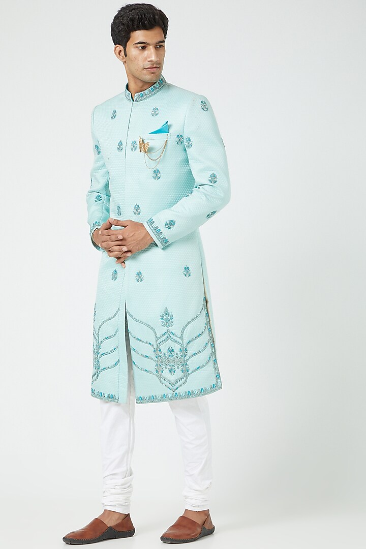 Sky Blue Embroidered Groom Sherwani Set by Soniya G Men at Pernia's Pop Up Shop