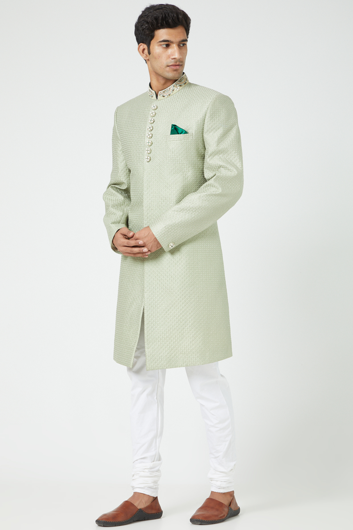 Mint Green Silk Blend Embroidered Sherwani Set by Soniya G Men