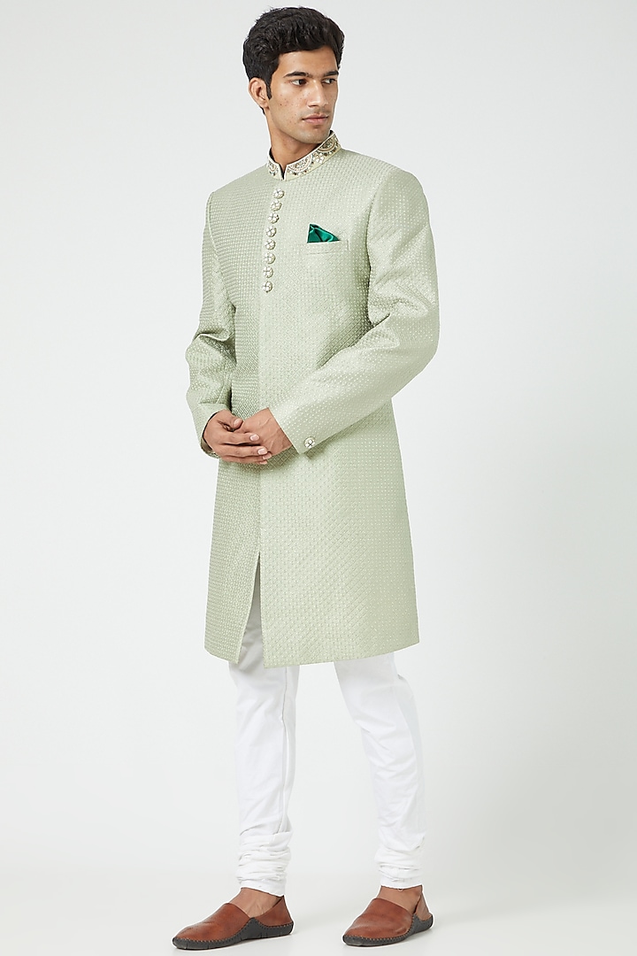 Mint Green Silk Blend Embroidered Sherwani Set by Soniya G Men