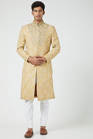 Yellow Raw Silk Embroidered Sherwani Set by Soniya G Men