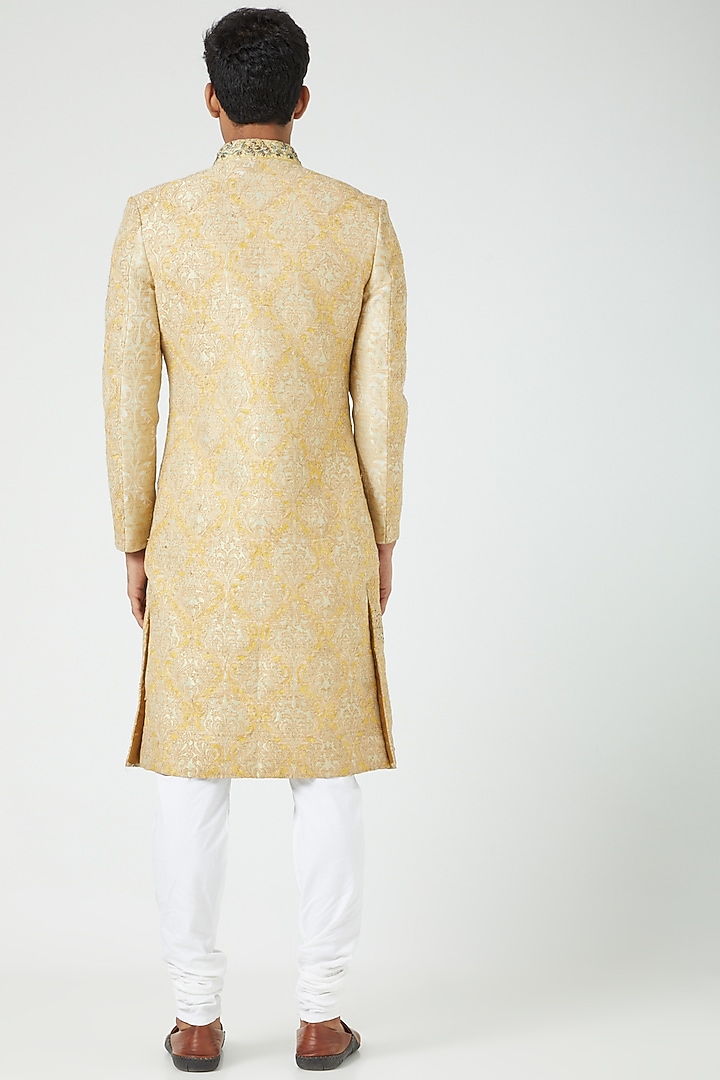Yellow Raw Silk Embroidered Groom Sherwani Set by Soniya G Men at Pernia's Pop Up Shop