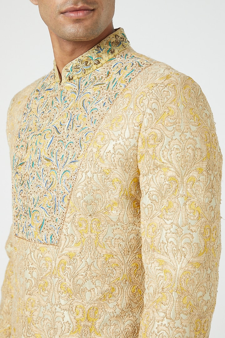 Yellow Raw Silk Embroidered Groom Sherwani Set by Soniya G Men at Pernia's Pop Up Shop