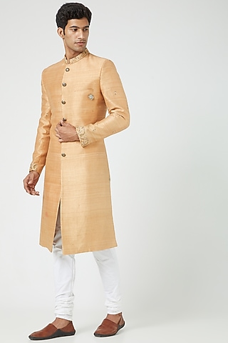 Saffron Raw Silk Sherwani Set by Soniya G Men