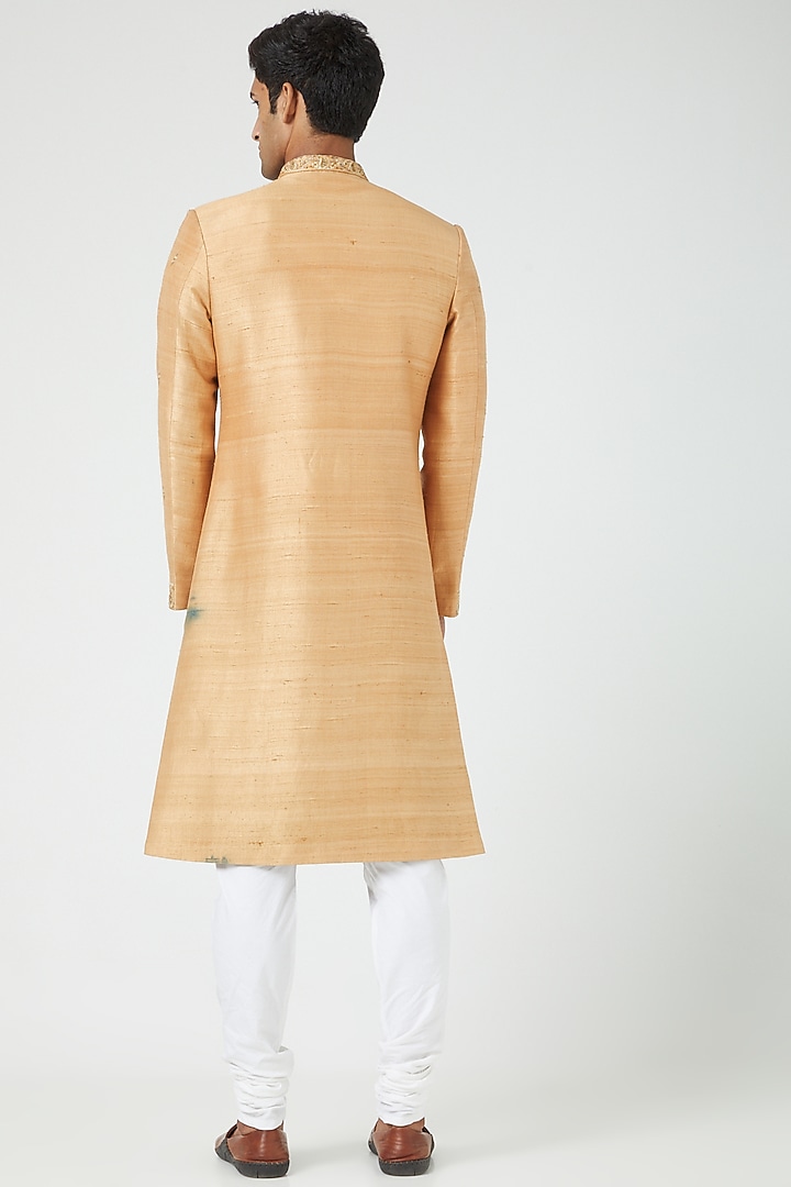 Saffron Raw Silk Wedding Sherwani Set by Soniya G Men at Pernia's Pop Up Shop