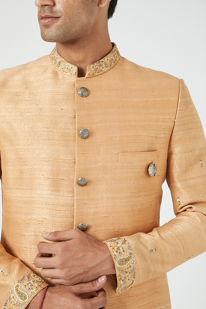 Saffron Raw Silk Wedding Sherwani Set by Soniya G Men at Pernia's Pop Up Shop
