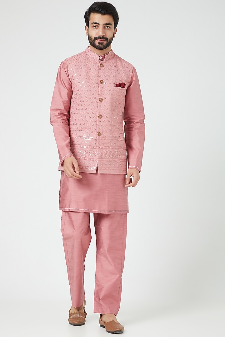 Blush Pink Silk Blend Jacket With Kurta Set by Soniya G Men at Pernia's Pop Up Shop