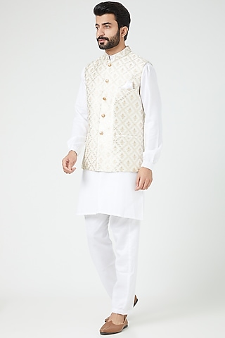 Cream Silk Bundi Jacket Set by Soniya G Men