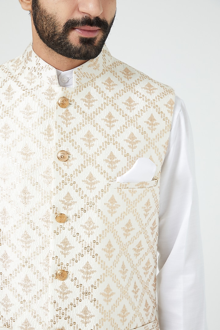 Cream Silk Bundi Jacket Set by Soniya G Men at Pernia's Pop Up Shop