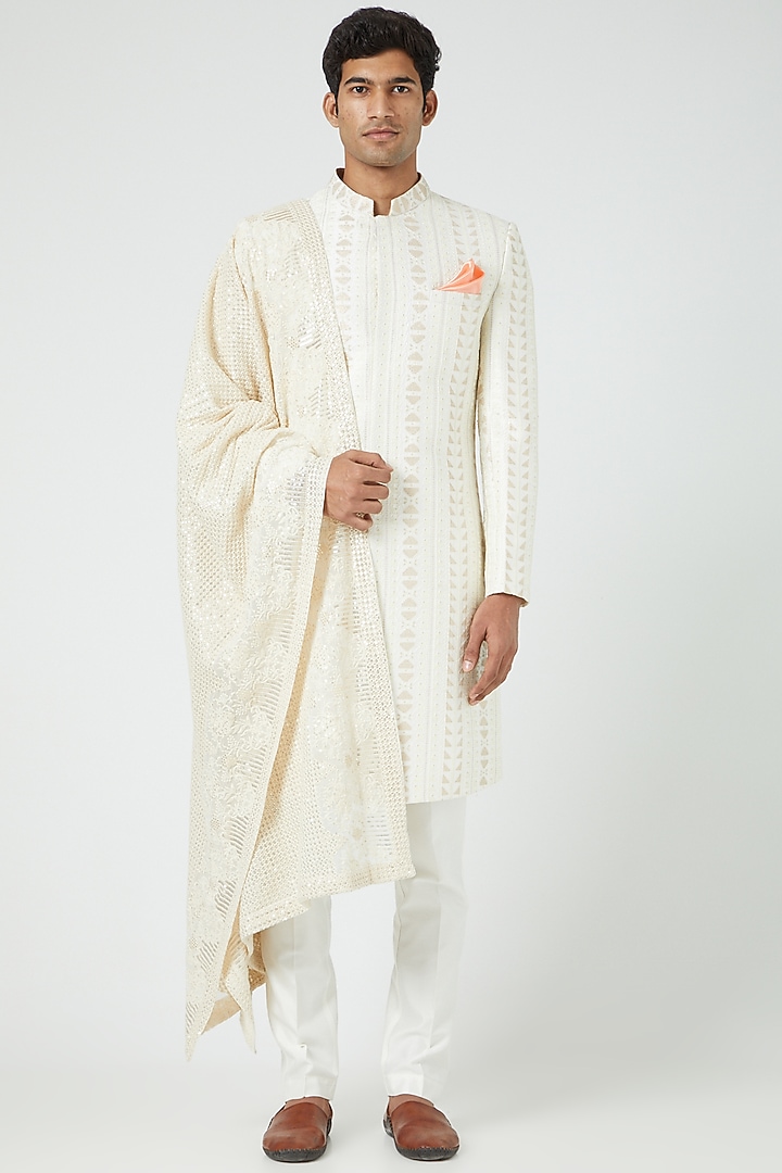 Cream Lucknowi Wedding Sherwani Set by Soniya G Men at Pernia's Pop Up Shop
