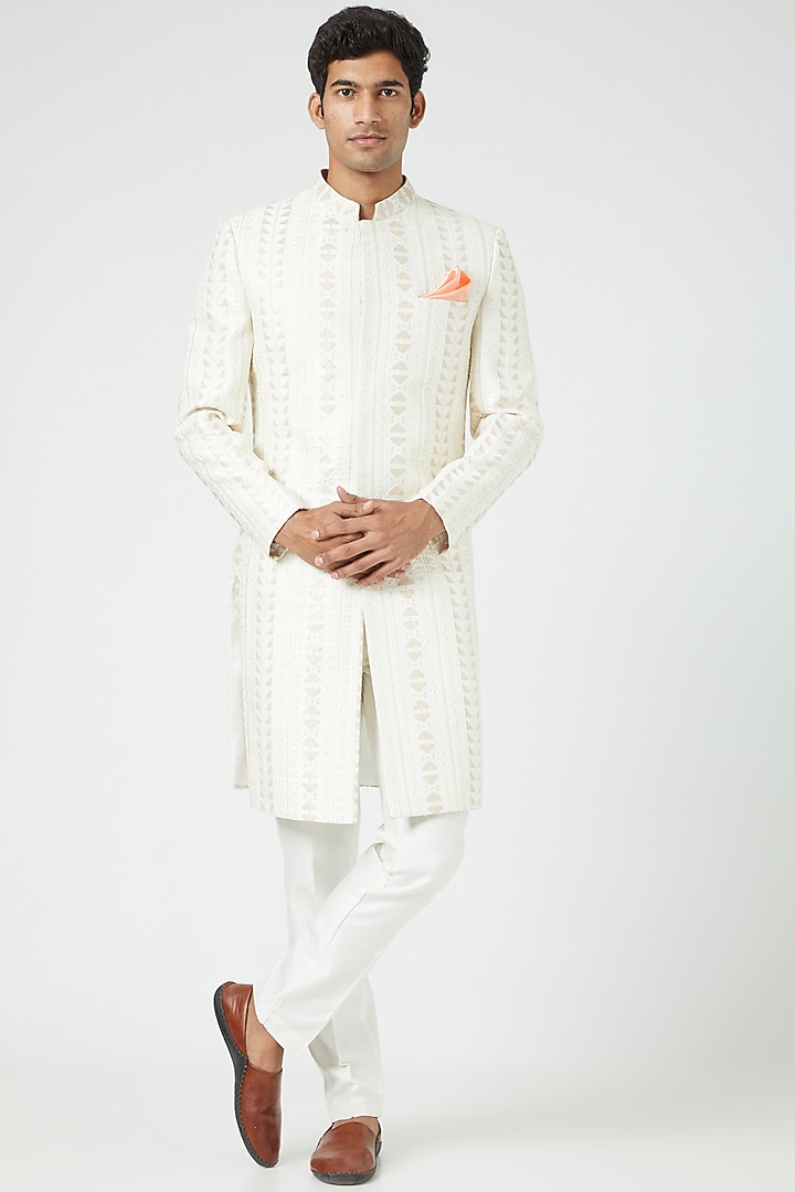 Cream Lucknowi Wedding Sherwani Set by Soniya G Men at Pernia's Pop Up Shop