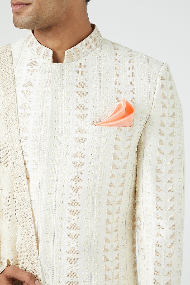 Cream Lucknowi Wedding Sherwani Set by Soniya G Men at Pernia's Pop Up Shop