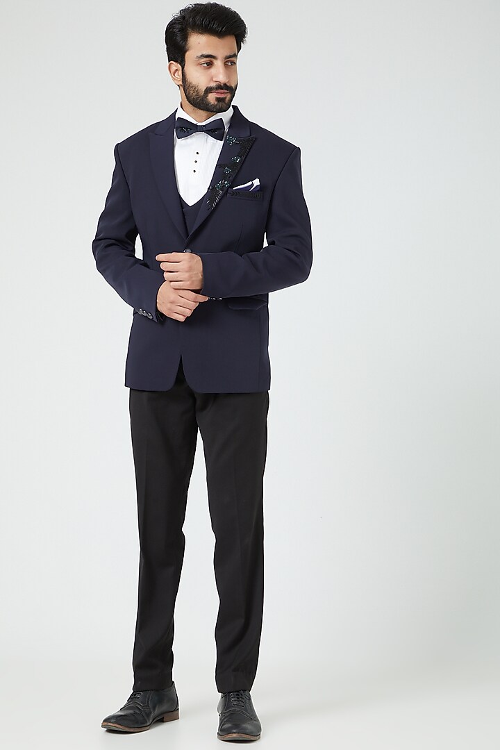 Navy Blue Embroidered Tuxedo Set by Soniya G Men at Pernia's Pop Up Shop