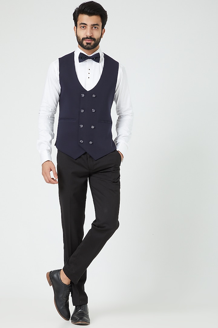 Navy Blue Embroidered Tuxedo Set by Soniya G Men at Pernia's Pop Up Shop