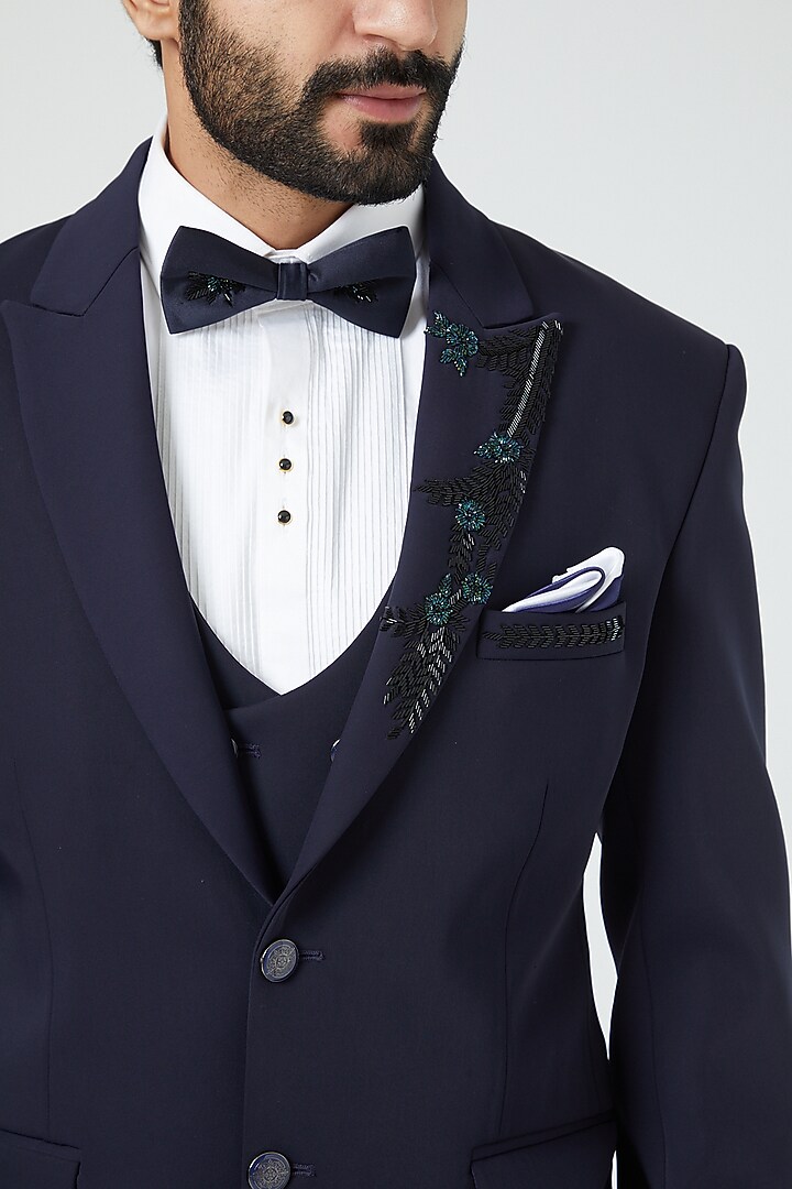 Navy Blue Embroidered Tuxedo Set by Soniya G Men at Pernia's Pop Up Shop