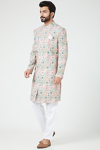 Multi-Colored Silk Blend Embroidered Sherwani Set by Soniya G Men