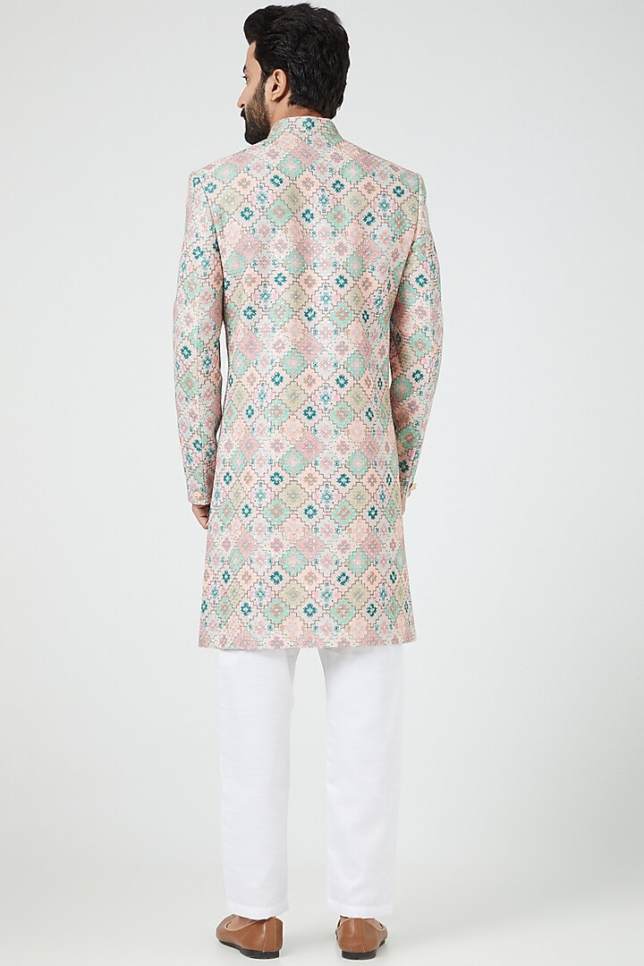 Multi-Colored Silk Blend Embroidered Wedding Sherwani Set by Soniya G Men at Pernia's Pop Up Shop