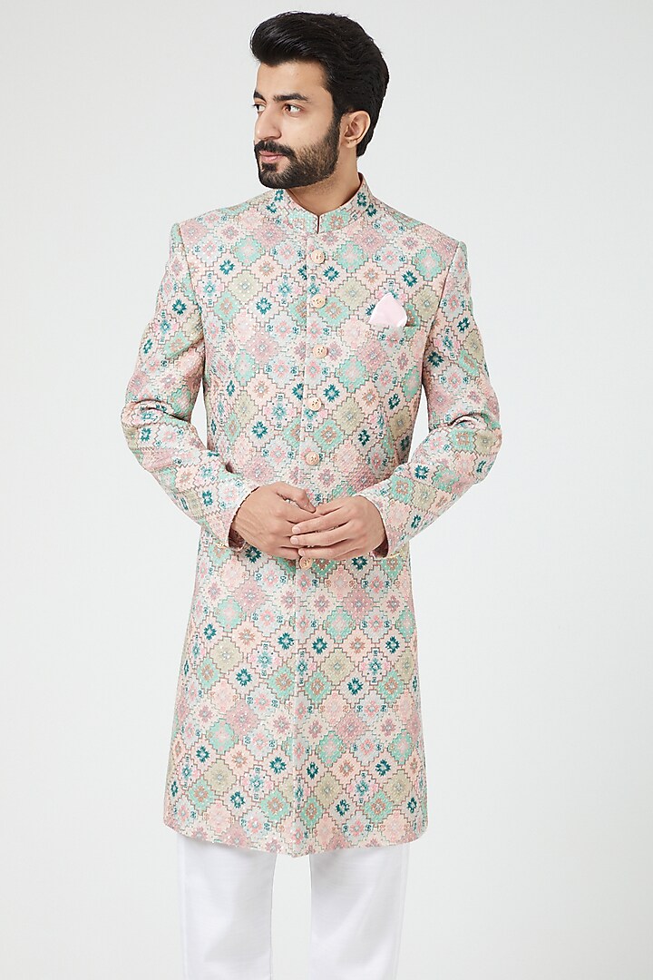 Multi-Colored Silk Blend Embroidered Wedding Sherwani Set by Soniya G Men at Pernia's Pop Up Shop