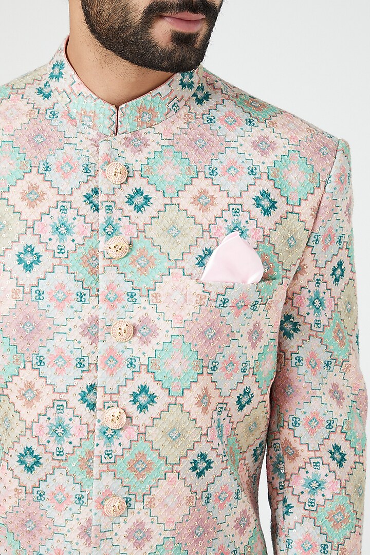Multi-Colored Silk Blend Embroidered Wedding Sherwani Set by Soniya G Men at Pernia's Pop Up Shop