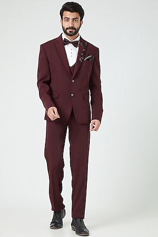Wine Embroidered Tuxedo Set by Soniya G Men