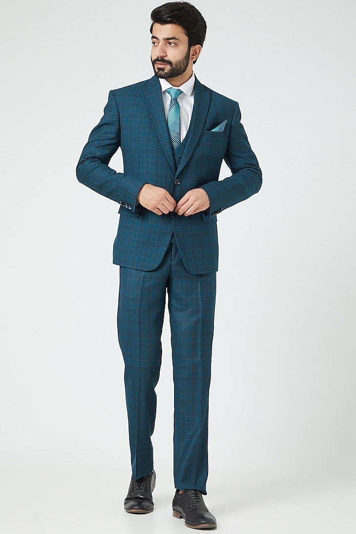Turquoise Checkered Blend Blazer Set by Soniya G Men