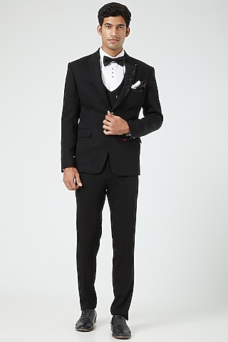 Black Tuxedo Set with Embroidery by Soniya G Men