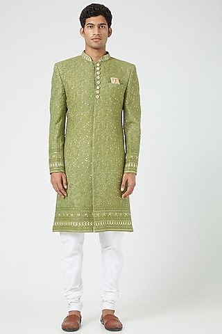 Mint Green Silk Blend Sherwani Set by Soniya G Men