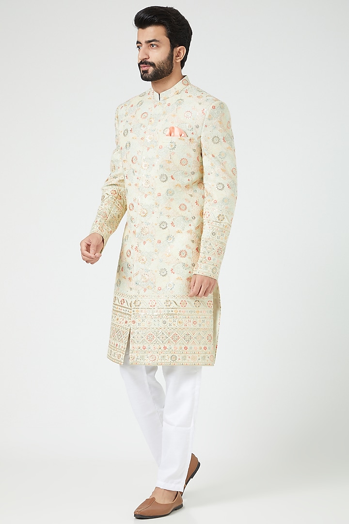 Ivory Embroidered Sherwani Set by Soniya G Men