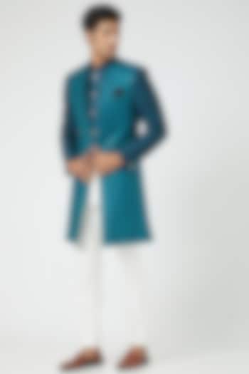Turquoise Silk Indo Western Jacket set by Soniya G Men