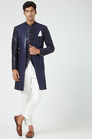 Navy Blue Silk Indo Western Jacket set by Soniya G Men