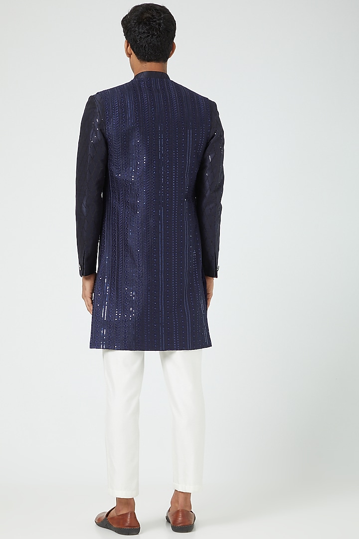 Navy Blue Silk Indo Western Jacket set by Soniya G Men at Pernia's Pop Up Shop