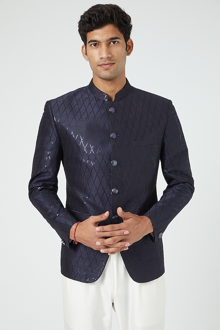 Navy Blue Silk Indo Western Jacket set by Soniya G Men at Pernia's Pop Up Shop