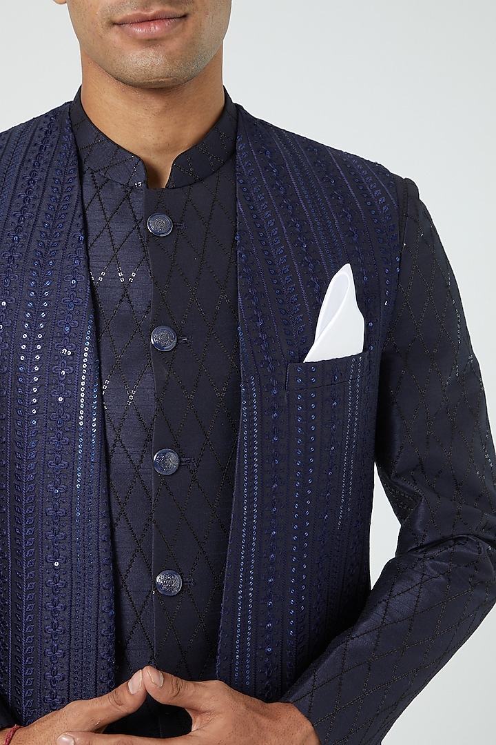 Navy Blue Silk Indo Western Jacket set by Soniya G Men at Pernia's Pop Up Shop