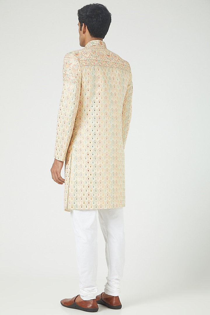 Beige Silk Blend Embroidered Wedding Sherwani Set by Soniya G Men at Pernia's Pop Up Shop