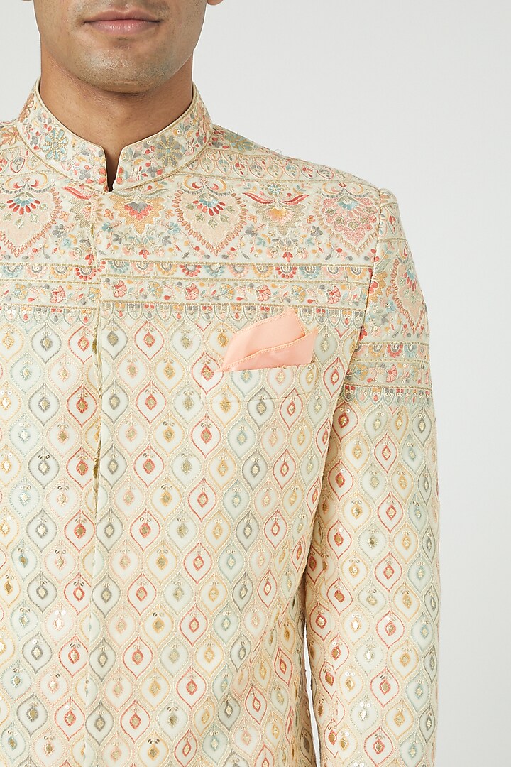 Beige Silk Blend Embroidered Wedding Sherwani Set by Soniya G Men at Pernia's Pop Up Shop