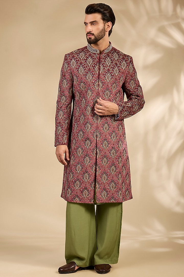 Multi-Colored Raw Silk Groom Sherwani Set by Soniya G Men at Pernia's Pop Up Shop