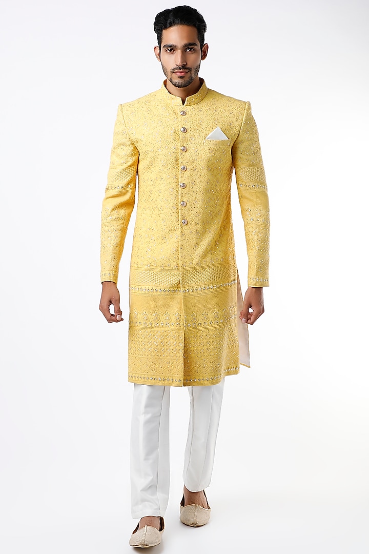 Lemon Yellow Embroidered Indo-Western Sherwani Set by Soniya G Men